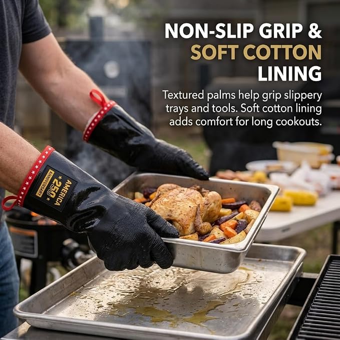 PRO BBQ Gloves, Black Neoprene, 14-Inch, Heat Resistant up to 932°F, Waterproof with Cotton Lining, America 250th Anniversary Edition, Includes Storage Bag (Roomy Fit-14INCH-932℉-PRO)