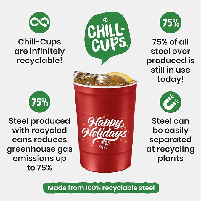 Steel Chill Cups 16 oz. Reusable Party Cups, Happy Holidays, 12 Count | Made in USA from Steel these durable cups chill fast & keep your drink cold for longer, 100% recyclable for sustainablity