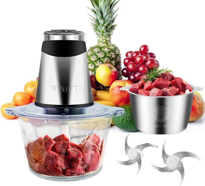 BUMET 500W Meat Grinder 2×8-Cup Bowls 2 Blades Food Chopper | glass+stainless bowl, stainless steel blades for meat/veggies/nuts. easy to clean, ideal for daily kitchen prep.