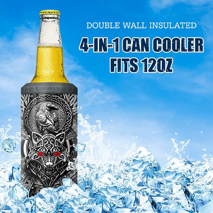 SANDJEST Wolf Tumbler Raven Viking 4 in 1 12oz Tumbler Can Cooler Coozie Skinny Stainless Steel Tumbler Gift for Men Dad Son Father Husband Christmas Birthday