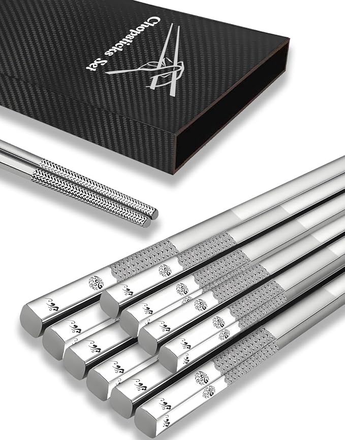 Metal Chopsticks Reusable 5 Pairs 18/8 Stainless Steel Chopsticks Sea Wave | Dishwasher Safe,Non-Slip Grip,Good for Beginners,Come in a Gift Box,SUS304 Resistant to Rust,Square,Chop Sticks Silver,9.25''
