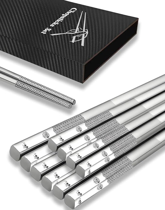 Metal Chopsticks Reusable 5 Pairs 18/8 Stainless Steel Chopsticks Sea Wave | Dishwasher Safe,Non-Slip Grip,Good for Beginners,Come in a Gift Box,SUS304 Resistant to Rust,Square,Chop Sticks Silver,9.25''