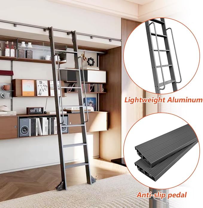DIYHD 87" Rolling Library Ladder with Handrail, 4FT Sliding Rail, Black | 7-Step lightweight ladder with space-saving upright storage, Telescopic top hooks, Locking bottom rollers, 300lbs capacity