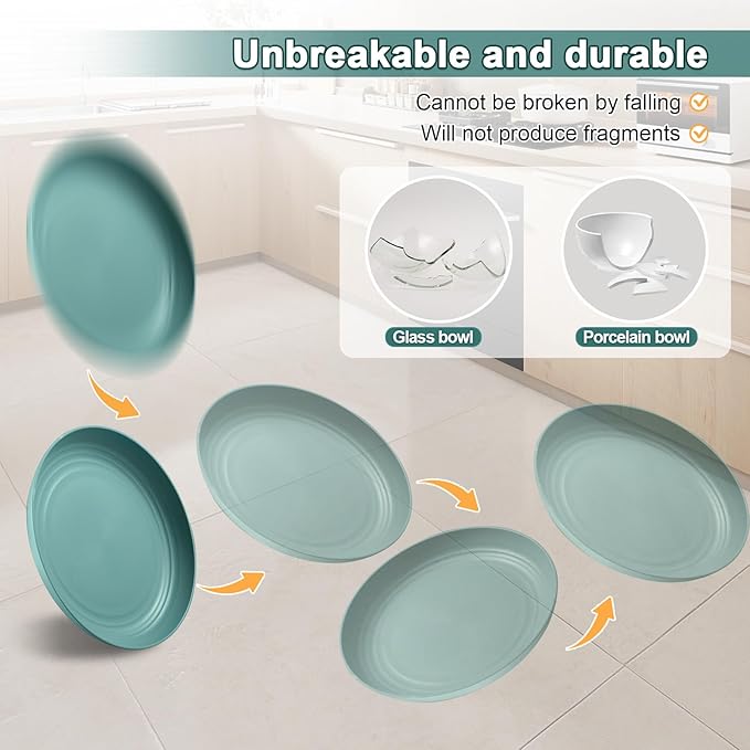 12 Pcs Unbreakable Deep Dinner Plates Set, 10 inch Reusable Plastic Wheat Straw Plates, Microwave and Dishwasher Safe Plate for Kitchen, Lightweight Plate for Dessert, BPA Free, 4 Colors