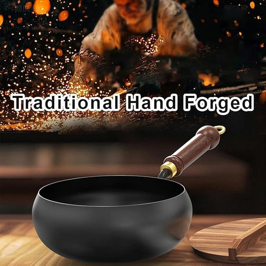 Jinswhdre Cast Iron Skillet, 9.5/11in Jinswhdre Japanese Irons Pan, Hand Forged Uncoated Iron Pan with Lid Spatula, Non-stick Wok for Cooker Gas Stir Fry Pans Durable and Rust-Free (Wooden Lid,9.45in)
