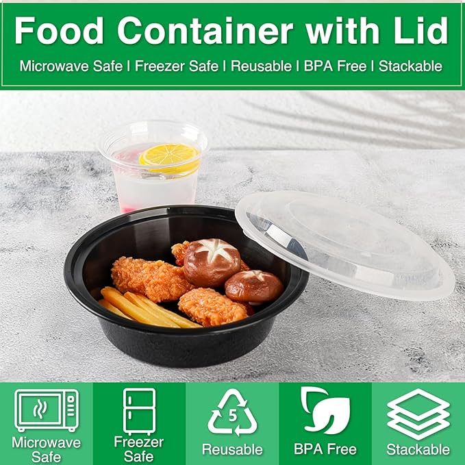 Meal Prep Containers Reusable 10 Pack-29 oz Food Storage Containers with Lids To Go Food Containers Takeout, Microwave Dishwasher Freezer Safe, Stackable, BPA Free, Plastic (Black)