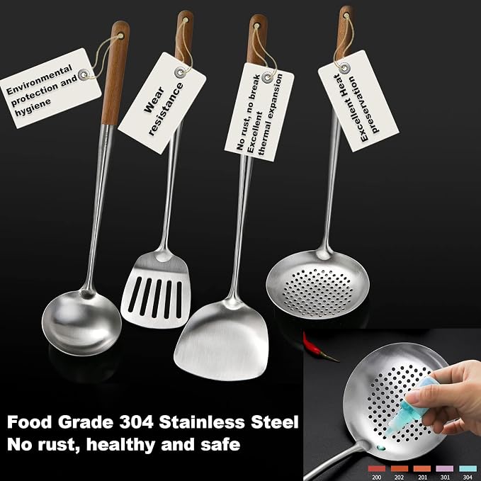 Wok Utensils for Carbon Steel, Stainless Steel Wok Spatula 17 Inch | Extra long wooden handle-Anti-scald;Wok Tools Professional Set;Great for home use and commercial use;