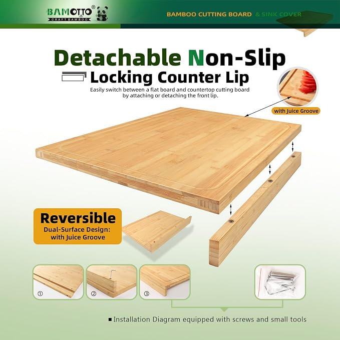 BAMOTTO CRAFTBAMBOO Bamboo Cutting Board for Kitchen 17.7"x12.6" Over-Sink | Detachable Front Lip | Reversible Dual Juice Grooves | Large Chopping Board for Bread Meat Vegetables