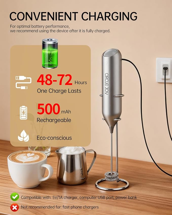 CIRCLE JOY Rechargeable Milk Frother Handheld with Stand, Dual Spring Whisk Electric Foam Maker, Detachable Hand Frother Wand Drink Mixer for Lattes, Cappuccino, Macchiato, Hot Chocolate, Silver