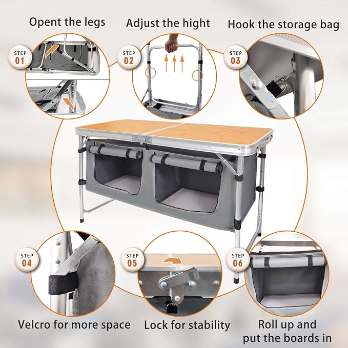 CampLand Outdoor Folding Table Aluminum Lightweight Height Adjustable with Storage Organizer for BBQ, Party, Camping