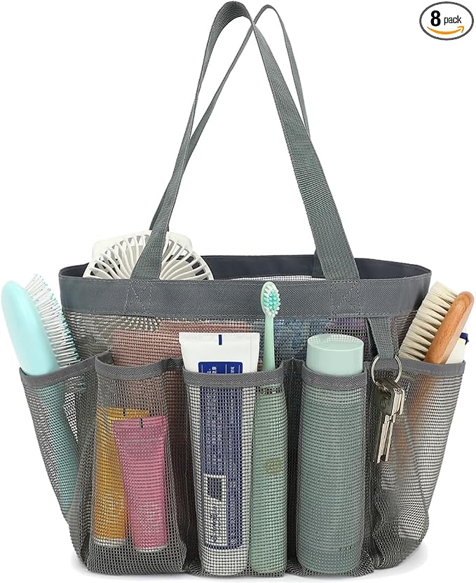 Fammart Mesh Shower Caddy Portable for College Dorm Room Essentials, Odorless Polyester Large Shower Tote Bag with Dual Handles, 8-Pocket Quick-Dry Toiletry Organizer for Travel, Beach, Camping, Gym