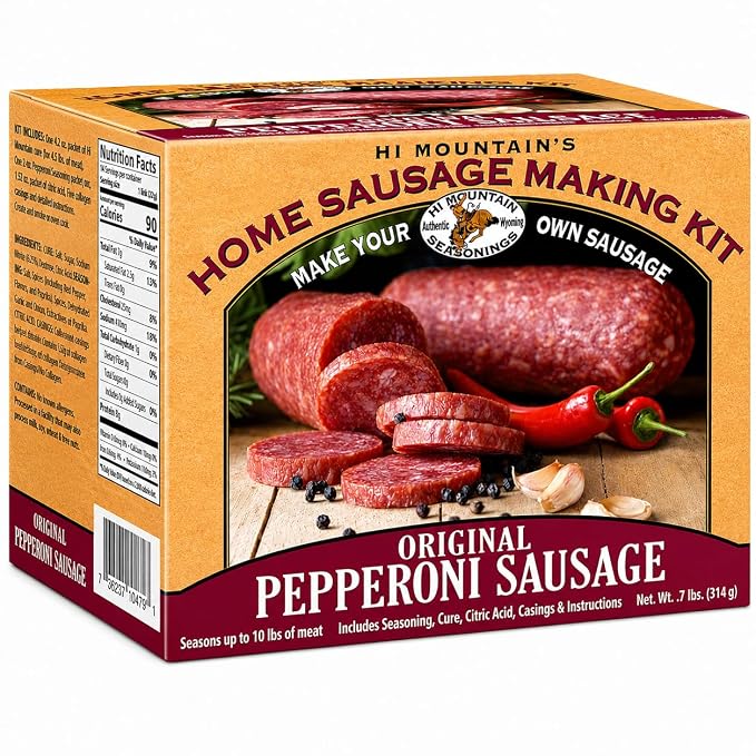 Hi Mountain PEPPERONI Sausage Kit | Complete sausage-making kit with seasoning, cure & 10 casings. Beef, pork, venison, deer, elk. Makes up to 30 lbs