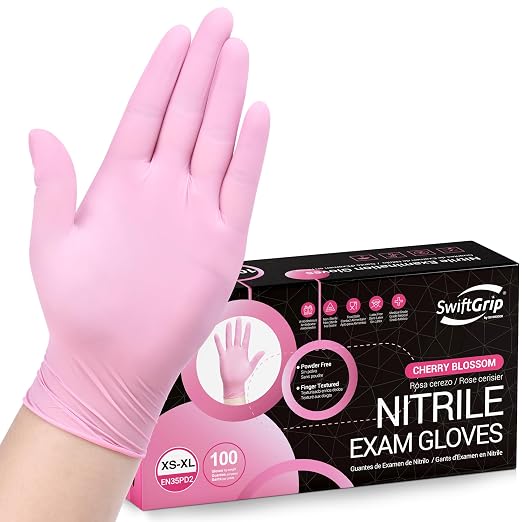 SwiftGrip Pink Nitrile Gloves, 3-mil, Industrial Gloves Disposable Latex Free, for Cleaning & Esthetician, Rubber Powder-Free, 100-ct Box (X-Small)