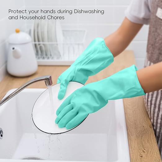 KAQ Rubber Cleaning Gloves for Dishwashing: 4 Pairs Colorful Reusable Kitchen Gloves for Household Washing Dishes - Non-Slip and Flexible for Women - Small