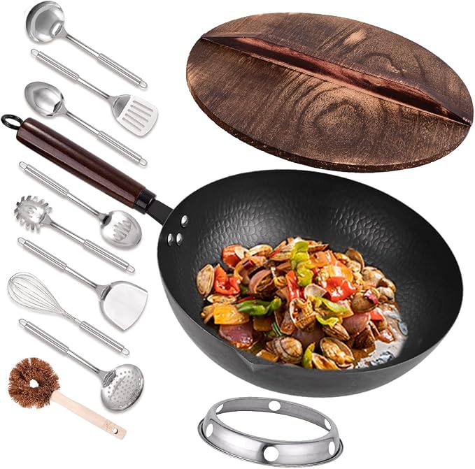 Leidawn 12.8" Carbon Steel Wok,11 Pcs Woks & Stir Fry Pans Wok Pan with Lid | Pre-Seasoned No Chemical Coated Chinese Pan with 10 Cookware Accessories, Flat Bottom Woks for Electric, Induction,Gas Stoves