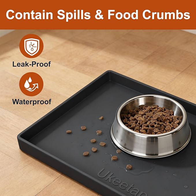 ukeetap 19" x 12" Extra Thick Silicone Mat Waterproof with Raised Edge, BPA Free Non-Slip Dog & Cat Food Mat, Feeding Mat for Food and Water Bowls, Spill Proof Mat to Protect Floors, Black