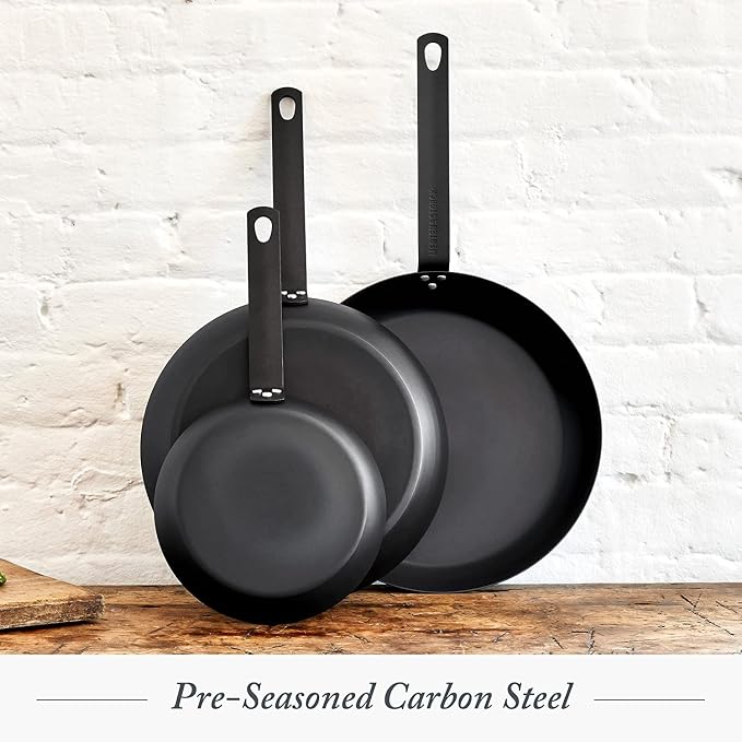 Merten & Storck Pre-Seasoned Carbon Steel 8” Frying Pan Skillet,Use on Induction,Stove and Grill,Durable,Even-Heating,for Searing,Grilling,Oven Use,and Campfire,Indoor/Outdoor,(Pack of 6)