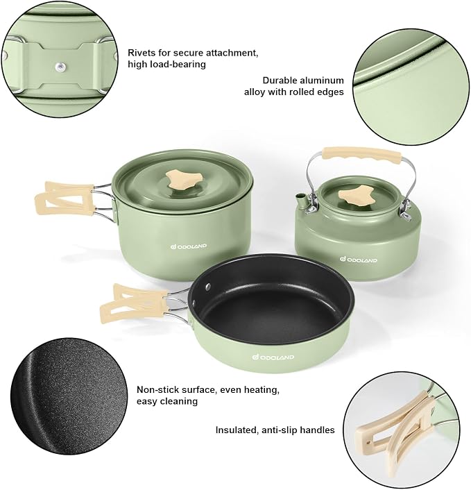 Odoland 15pcs Camping Cookware Mess Kit, 1.9L Pot, for Camping, Backpacking | Anodized aluminum, for hiking, outdoor cooking and picnic, 1.9L pot 0.8L kettle 0.86L pan mess kit, little compact pot set