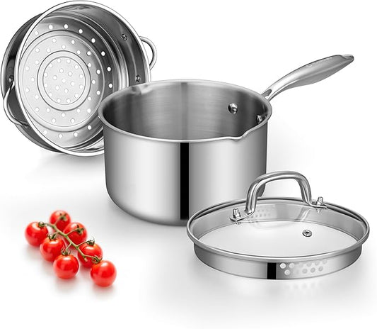 Tri-Ply Stainless Steel Sauce Pan with Steamer Basket & Straining Glass Lid — Heavy-Duty, Thick Base,Rust-Resistant,Warp-Free —100% Food-Grade —Built to Last– Works with All Stovetops, Pasta Pot 2 QT