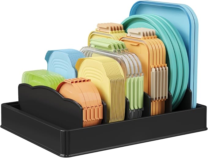Lifewit Kitchen Cabinet Organizer for Food Contanier Lid with 7 Sections | Lid Holder with 6 Adjustable Dividers for Pantry Organizers and Storage, Home Drawer Organization, Black, Large, 13" x 10"