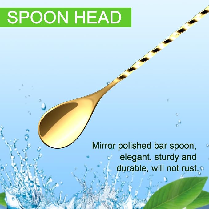 BRIOUT 2 Pcs Bar Spoon, 12 Inches Long Handle Drink Stirrer, Stainless Steel Bar Cocktail Mixing Spoons with Double Ended Design for Stirring, Gold