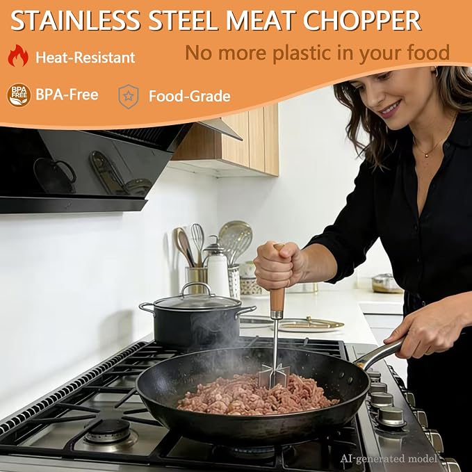 Stainless Steel Meat Chopper & Masher, 10.6 Inch Ground Beef Chopper Tool with 6 Curve Blades & Wooden Handle, Heat Resistant Meat Masher, Heavy-Duty Hamburger Smasher & Multi-Use Kitchen Tool