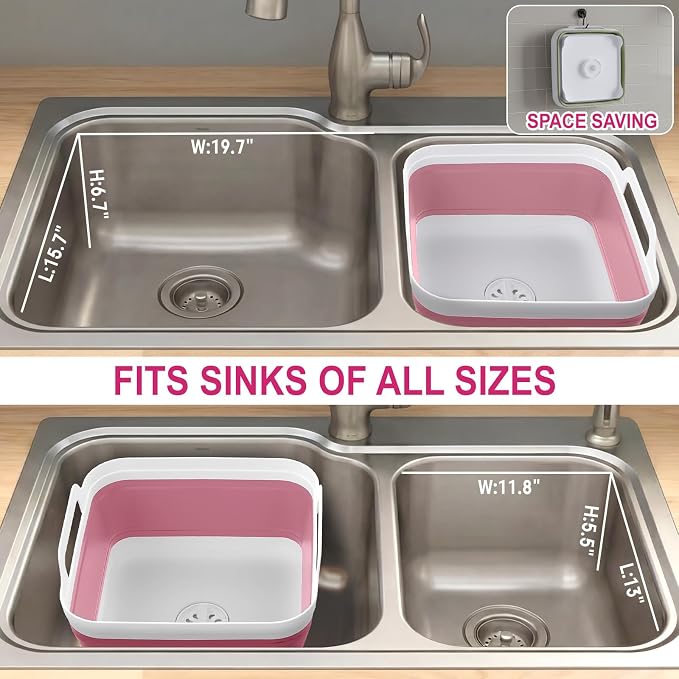 Yecuip Collapsible Baby Bottle Wash Basin w/Drying Rack & Drain Plug, Pink | 2.4 Gallon Foldable Dish Tub w/Handles,Portable RV Camping Sink & Space-Saving Wash Bin with Lid for Kitchen,Travel & Outdoor