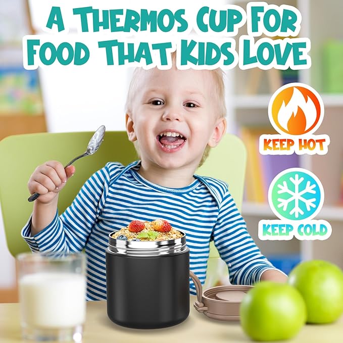 Thermo for Hot Food Kids - 15.2oz with Folding Spoon and Silicone handle | Leak Proof Insulated Food Jar, Soup Thermo, Wide Mouth Insulated Lunch Containers, Dishwasher Safety