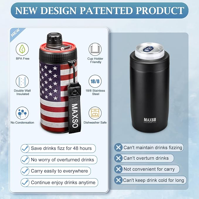 MAXSO Sealed Can Cooler Fizz Lid Can Cover for 12 oz Regular, Slim Skinny Cans & As Thermal Bottle, 4-in-1 Insulated Vacuum Stainless Steel Carbonated Cold Drink Holder - Stars