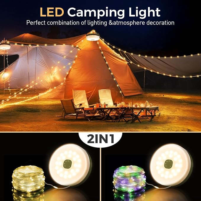 2-Pack Camping String Lights, Quick Storage 32.8FT Rechargeable Tent Lights String with 8 Modes, Hanging Waterproof Portable LED Lamp for Camping Outdoor Patio Awning Garden Party Essentials