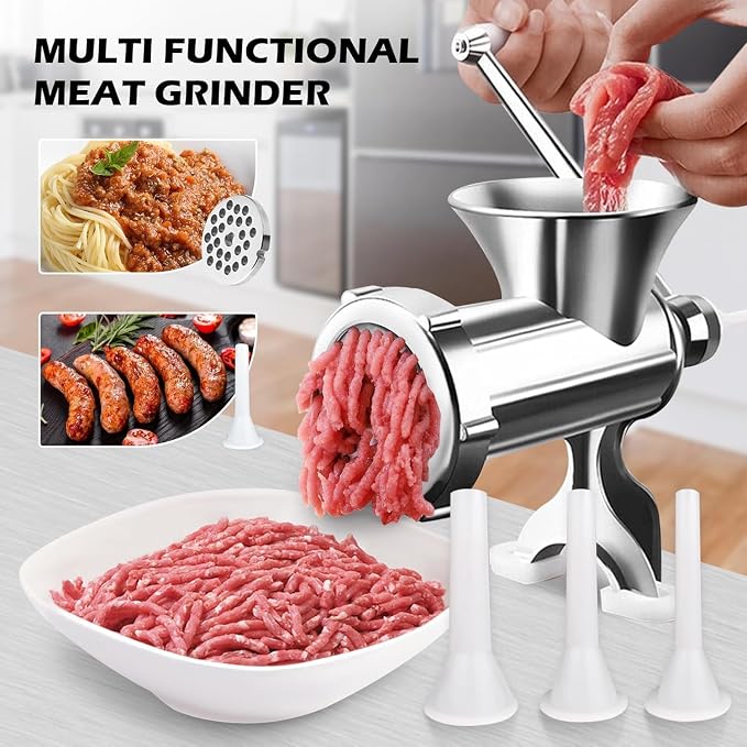 2-in-1 Manual Meat Grinder-Manual Meat Grinder with Sausage Stuffer-Suitable for Filling Meat Sausages and Grinding Foods-Suitable for Home Restaurants Meat Grinder-LZ1 (Silver)