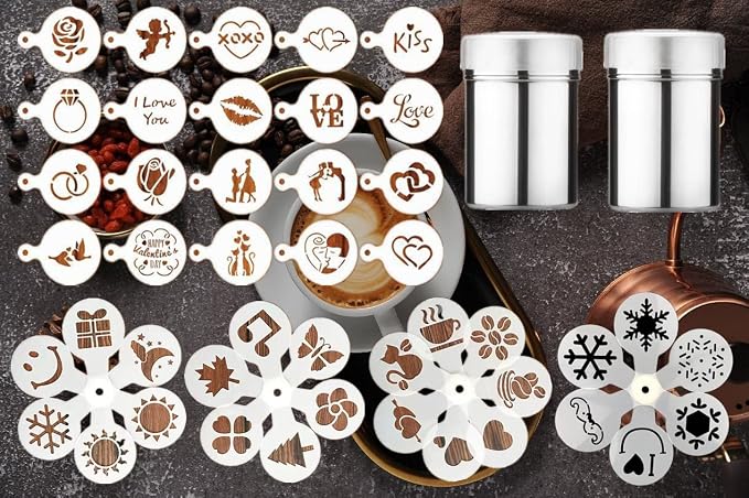 45 Coffee Stencils+2 Mesh Powder Shakers, Cake Baking Templates Coffee Decoration Stencils Coffee Art Template Coffee Mold Tool for Christmas Thanksgiving Cake Coffee Cappuccino