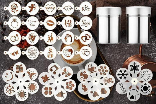 45 Coffee Stencils+2 Mesh Powder Shakers, Cake Baking Templates Coffee Decoration Stencils Coffee Art Template Coffee Mold Tool for Christmas Thanksgiving Cake Coffee Cappuccino