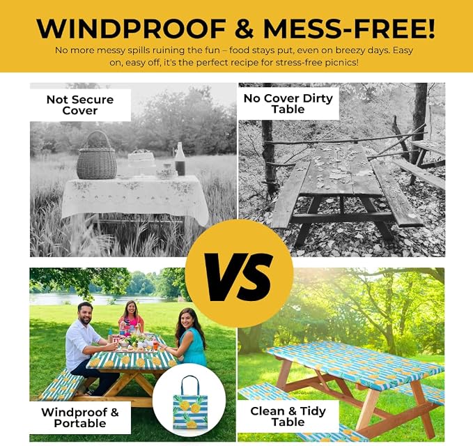 6ft Polyester Picnic Table Cover with Bench Covers Tablecloth Pineapple | Polyester Picnic Table Cover Windproof & Waterproof, Perfect for Camping Gifts & RV Essentials, Cool Camping Gadgets with bag