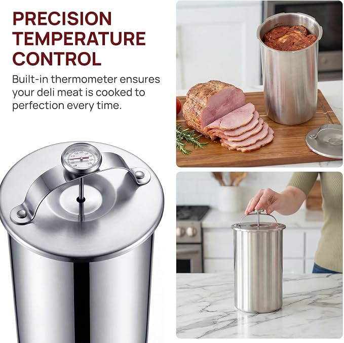 Deli Meat Press Stainless Steel with Thermometer - 1 to 1.2 Kg Lunch Meat Press Mold for Deli Meats Homemade Ham Maker Lunch Meats Presss for Making Sandwich, Delimeat, Lunchmeat (Flake Handle)