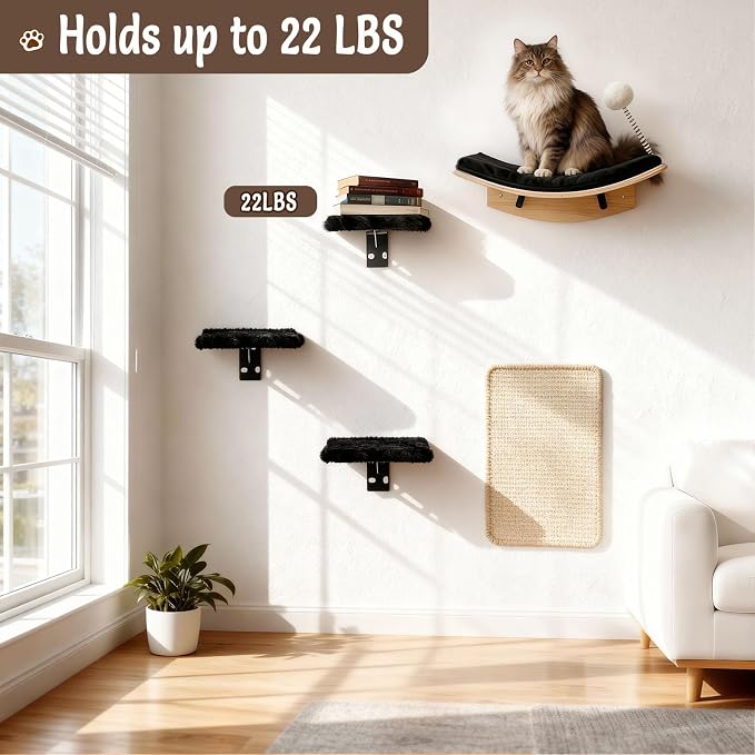 Wooden Cat Wall Shelves and Perches, 5 Piece Wall Mounted Cat Furniture System with Soft Washable Pads, Modern & Space-Saving Design for Climbing and Play