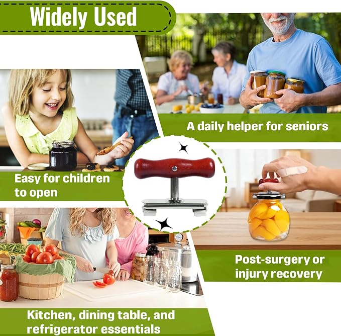 1-Pack Adjustable Jar Opener, Stainless Steel Lid Remover, Wood Handle | Non-Slip Metal Clamp, 0.4-4.1 Inch Range, Rust-Proof Quick Rinse, Adjustable Lid Remover for Seniors & Arthritic Hands