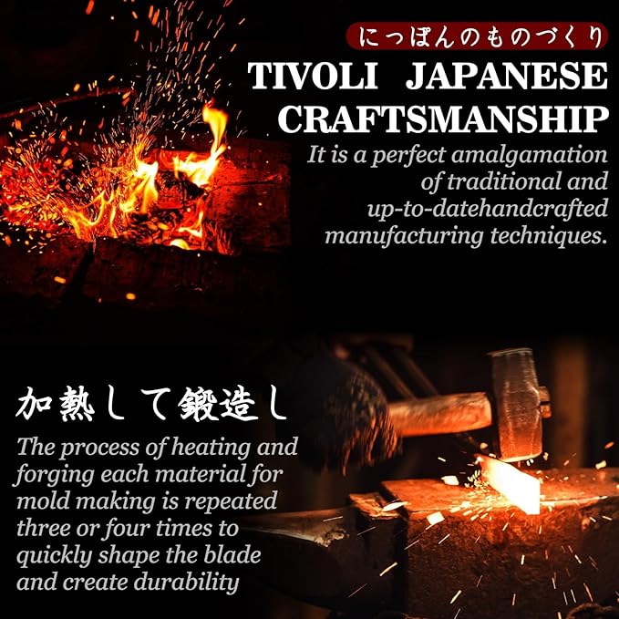 TIVOLI Ulu Knife with Sheath - Mezzaluna Rocker Knife - Pizza Cutter | Hand-forged, Anti-stick Pounding Texture, Full Tang, Rosewood Handle, Belt Sheath, Gift Box, for Kitchen, Camping, BBQ