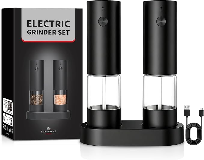 USB Rechargeable Grinder Set With Storage Base, 2 Pack (Black) | USB Charging & Adjustable Coarseness, No Light Design, Ideal For Cooking, Picnic And Restaurant Seasoning
