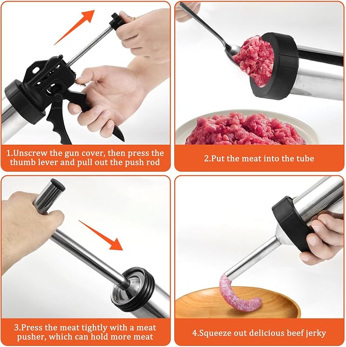 Large Capacity Jerky Gun Kit, Stainless Steel Beef Jerky Gun with 5 Nozzles, Sausage Stuffer and Jerky Maker, Includes Meat Pusher and Cleaning Brushes, Perfect for Homemade Jerky and Sausages