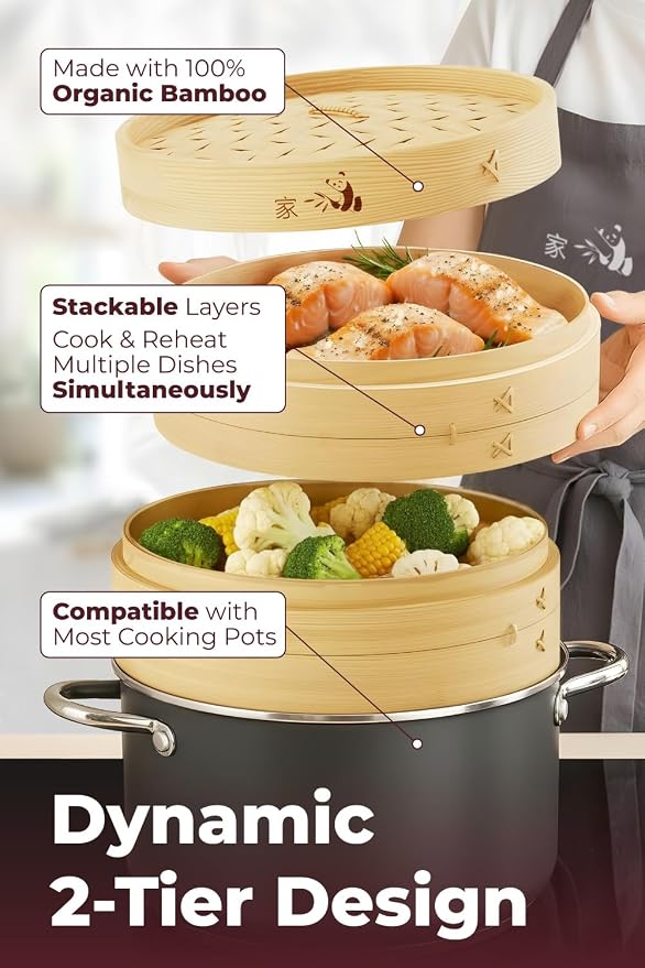 Bamboo Steamer Basket - Cook Delicious Meals with Authentic Flavor at Home | 8 Inch, 2 Tiers + 50 Liners - Compact Basket Steams Bao, Dumplings, Rice and Vegetables Together while Saving Kitchen Space