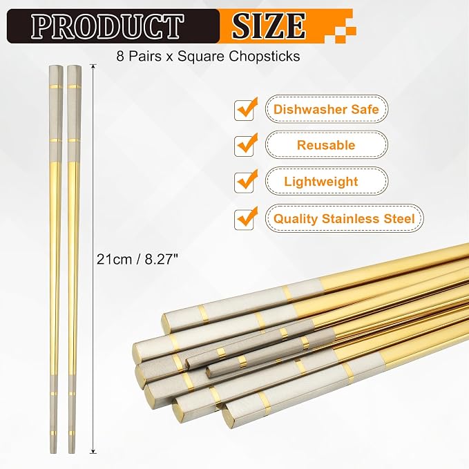 uxcell 8 Pairs Stainless Steel Chopsticks, 21cm / 8.27 Inch Metal Chop Sticks Square Lightweight Chopsticks Tableware Accessories Bulk for Home Kitchen Hot Pot Cooking, Gold Tone