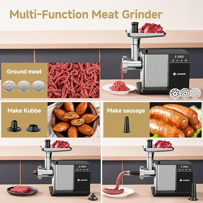 AAOBOSI Electric Meat Grinder 3000W w/Touch Screen & Auto-Reverse | 3 Plates, Built-in Storage, Sausages, Kibbe, Raw Pet Food at Home Use, LFGB Approved, 4lbs/min, Low Noise, Easy Cleanup