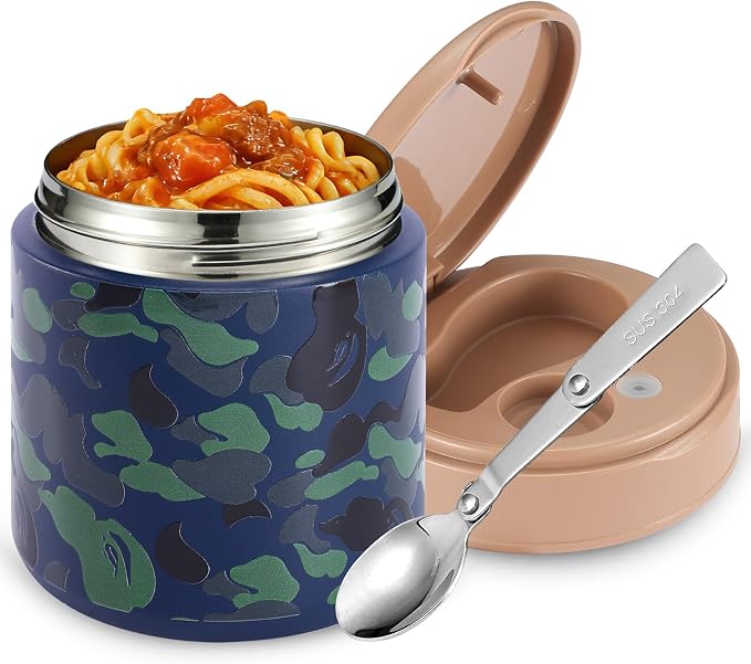 Thermo for Hot Food Kids - 15.2oz with Folding Spoon and Silicone handle | Leak Proof Insulated Food Jar, Soup Thermo, Wide Mouth Insulated Lunch Containers, Dishwasher Safety