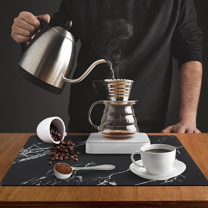 ZLR Coffee Bar Mat for Coffee Station, 16"x20" Large, Marble Black | Absorbent Dish Drying Mat, Stain-Hiding Top, Non-Slip Back, Fits Espresso, Grinder, Knock Box, Frother & Cup Display