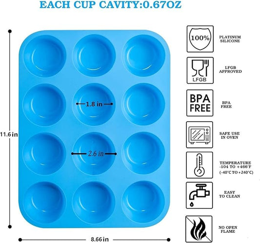 JEWOSTER 12 Cups Silicone Muffin Pan 2 Pack - Cupcake Pan Nonstick Silicone Molds Great for Making Muffin Cakes,Bread, Tart - BPA Free Baking Accessory