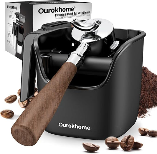Ourokhome Espresso Knock Box with Lid, Compact Coffee Grounds Container for Home Coffee Bar, Removable Knock Bar, 304 Stainless Steel Exterior, Non-Slip Base & Handle, Easy Clean (Black)