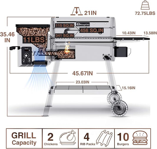 KingChii Electric Wood Pellet Grill & Smoker with Side Shelf, 456 SQ.IN Grill Capacity, with PID Temperature Control (180-425°F) for Backyard Camping Bake and Roast, Black