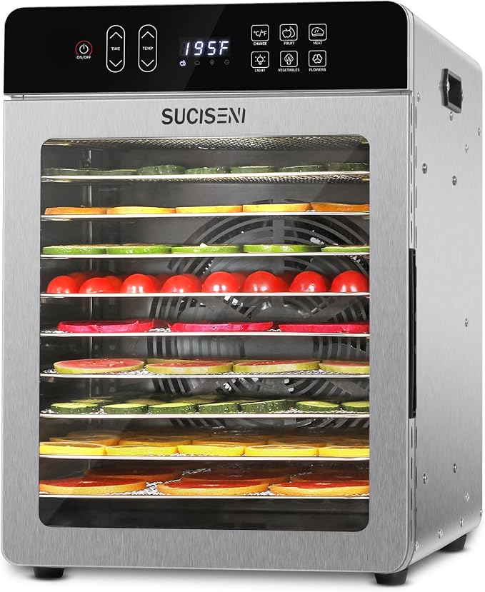 SUCISENI Food Dehydrator for Jerky, 10 Stainless Steel Trays 9ft² Dehydrator Machine, 1000W Dehydrator with 24H Timer 195℉ Temperature Control for Meat, Fruits, Veggies, Dog Treats