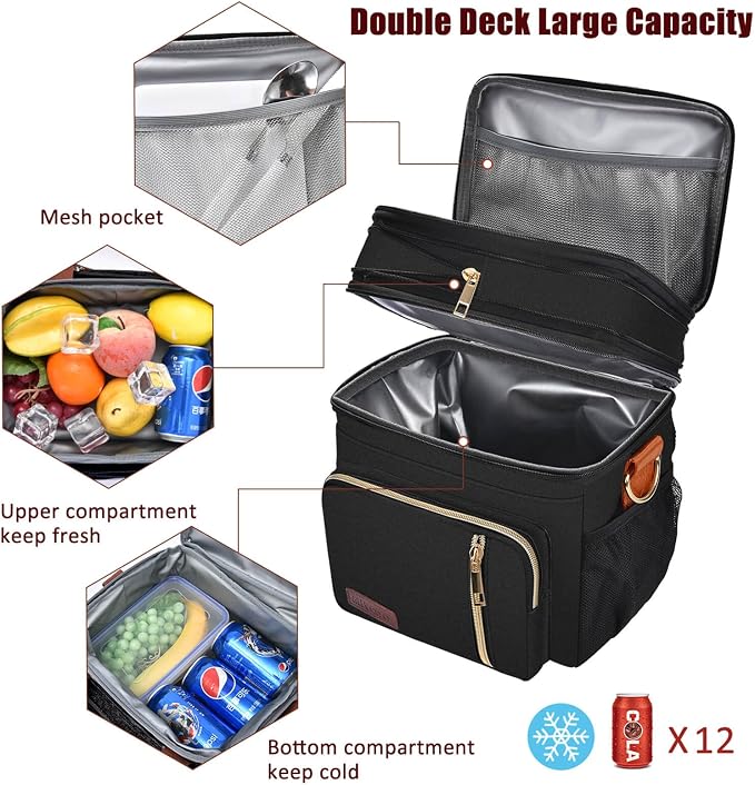 MIYCOO Lunch Bag for Women & Men, Expandable Double Deck Lunch Box, 15L | Leakproof & Waterproof, Portable, Large Soft Insulated Cooler bag for Adult, Work, Camping, Beach, Picnic, Travel